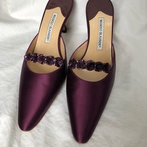 Manolo Blahnik plum satin heels